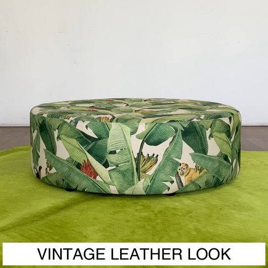 100Cm Round Ottoman | Vintage Leather Look Vinyl Multiple Sizes And Options Available Made To Order