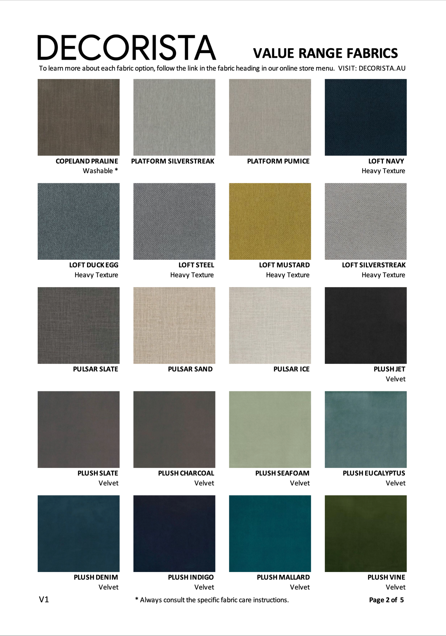 COLOUR BOX 1 | VALUE RANGE FABRIC OPTIONS